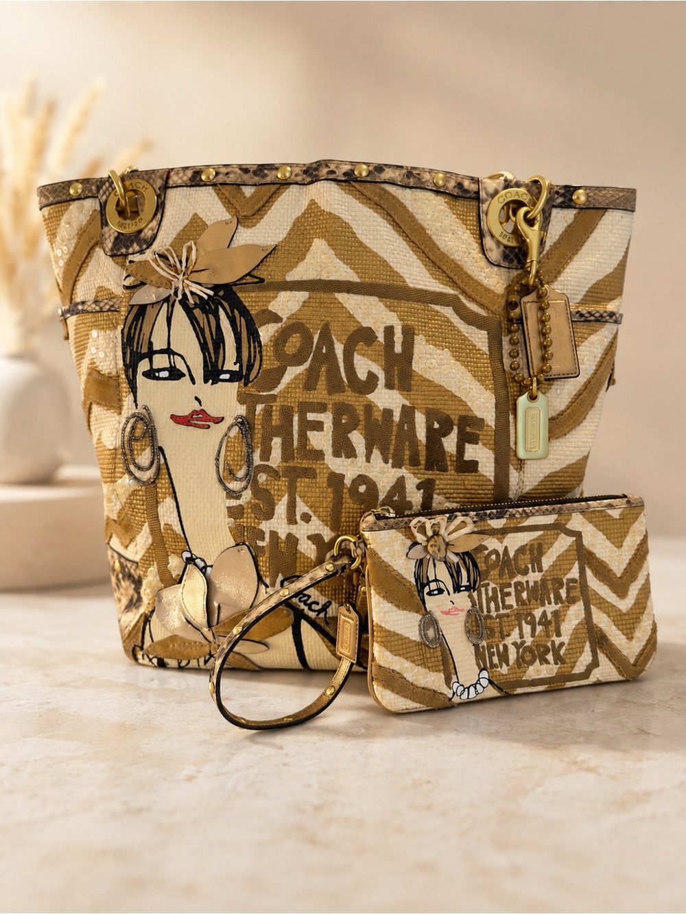 COACH Rare  Zebra Raffia Tote + Matching Wristlet